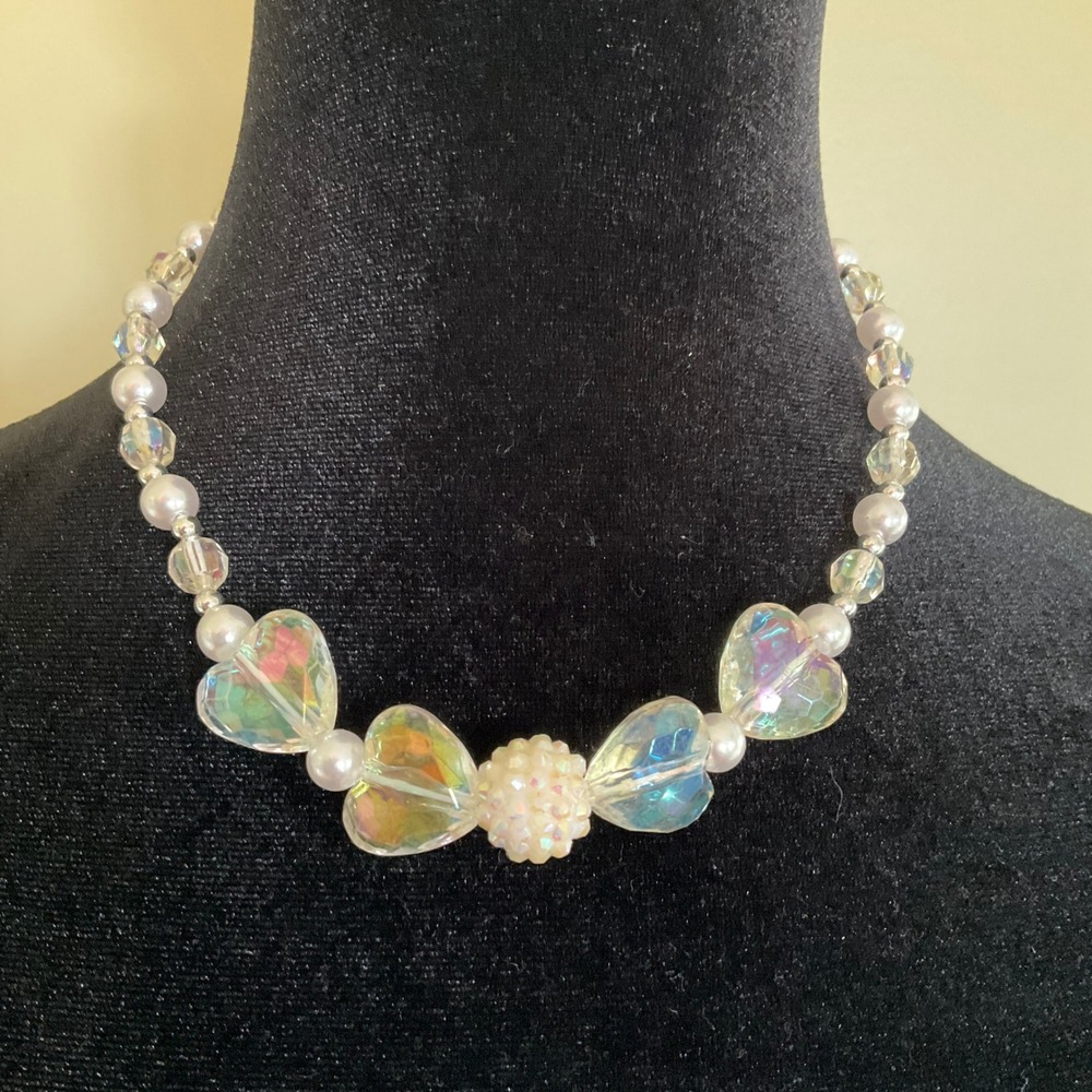Iridescent Heart Bead Necklace Faux‎ Pearl Clear Faceted Y2K Fairycore Romantic